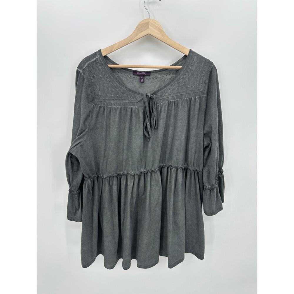 Olivia Sky Babydoll Tunic Top Women Sz 2X‎ Gray Washed Tiered Boho Dark Fairy